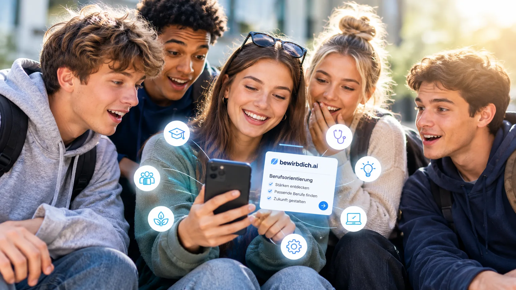 Fünf junge Menschen schauen gemeinsam auf ein Smartphone, auf dem die berufliche Orientierung von bewirbdich.ai erscheint: Stärken entdecken, passende Berufe finden, Zukunft gestalten.